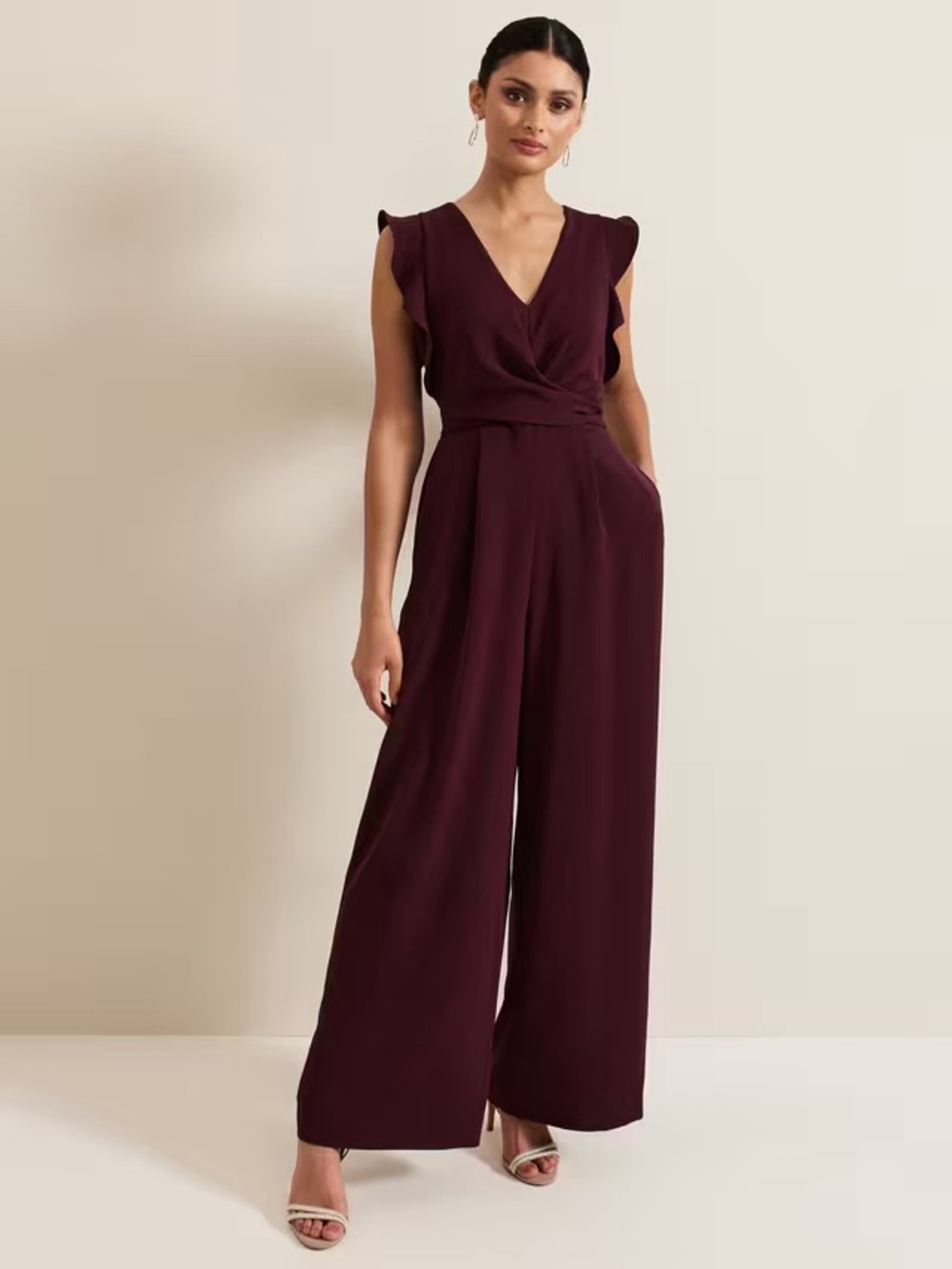Eliza J Sleeveless Ruffle Neck jumpsuit  in burgundy